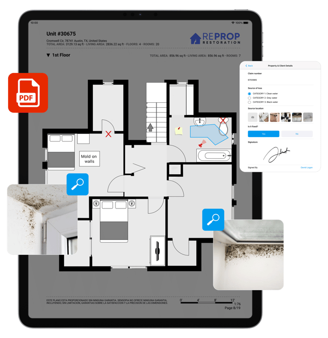 Report pdf on ipad with floor plan, photos and custom form checklist