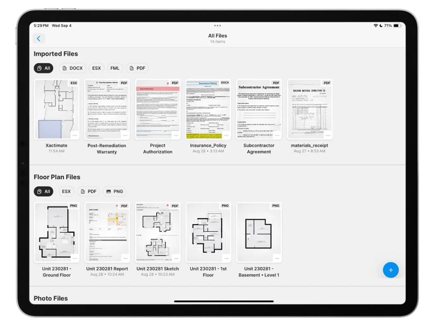 Water damage restoration project files, contracts, authorization, esx, fml previews on ipad.