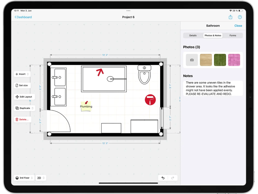 Bath Remodeling Annotations Ipad with floor plan and tiles options.