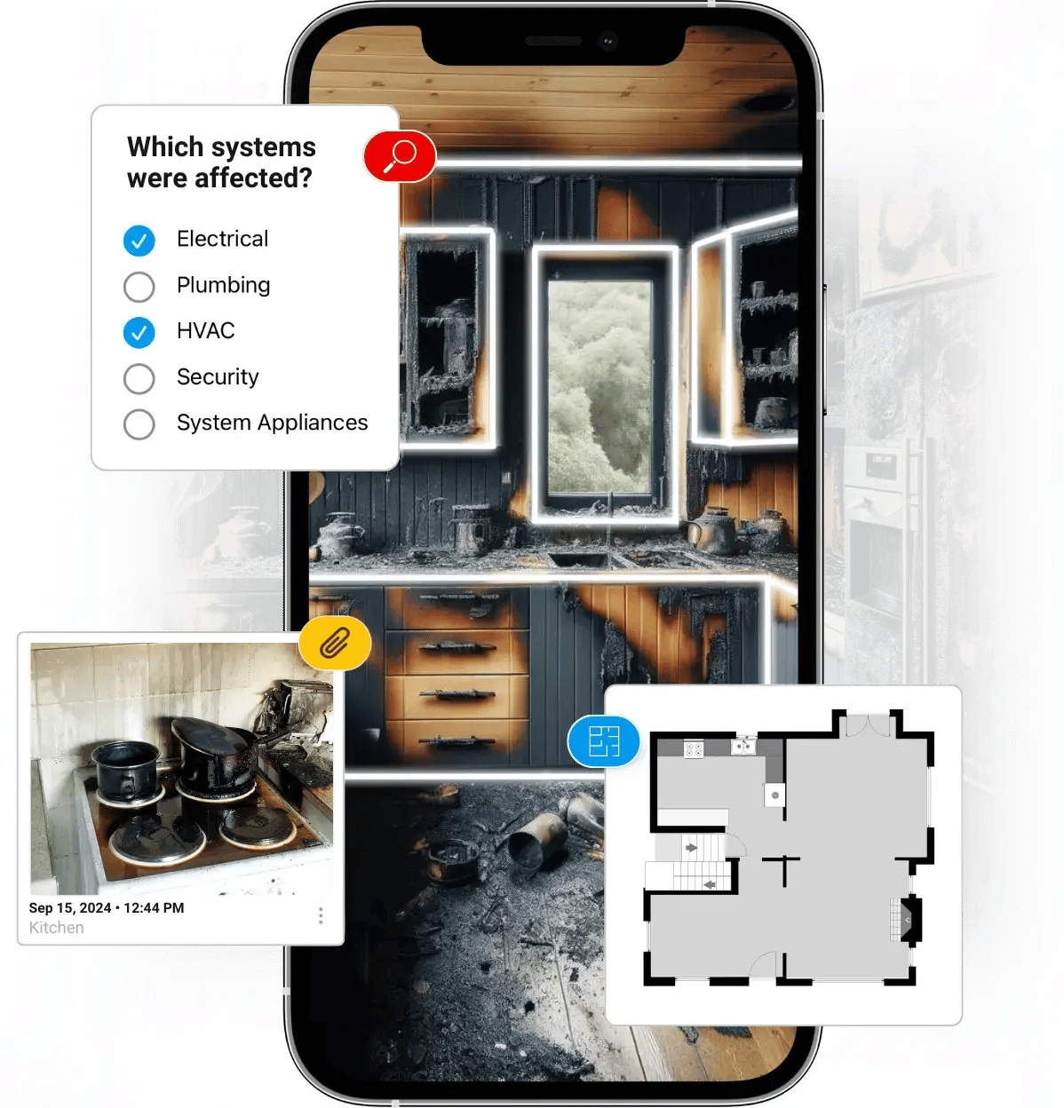 Inspection property fire loos with floor plan sketch, photos and checklist on iPhone using LiDAR.