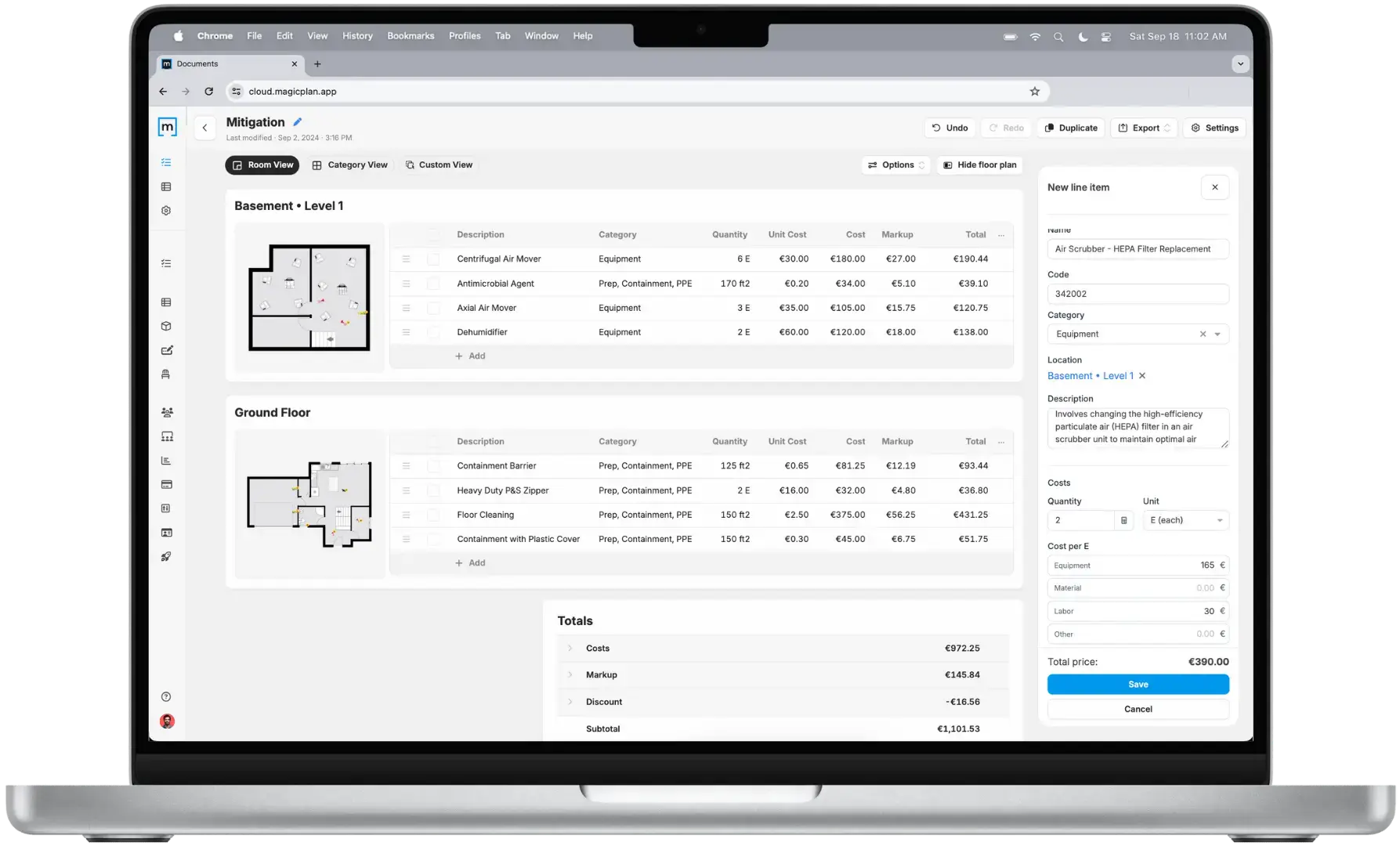 magicplan Built-in Estimator - Mitigation estimate with drying equipment line items